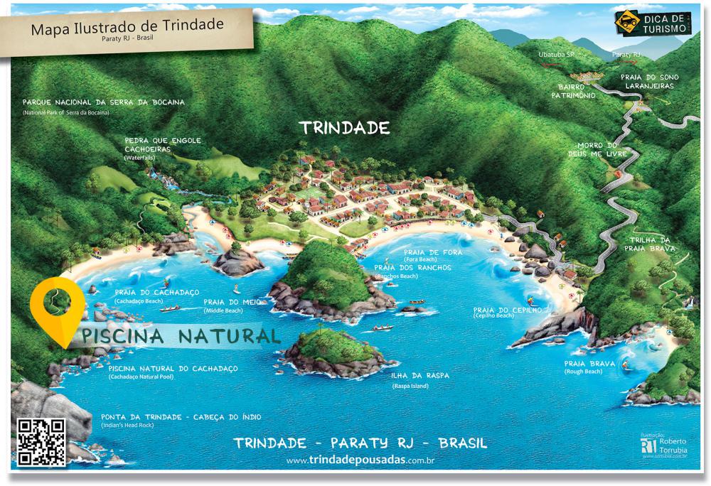 Mapa de localização da Piscina Natural do Cachadaço em Trindade - Paraty RJ - Ilustração: Roberto Torrubia