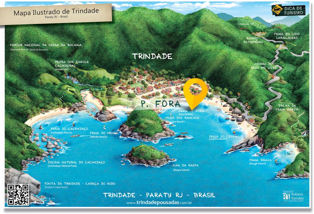 Mapa de localização da Praia de Fora em Trindade - Paraty RJ - Ilustração: Roberto Torrubia